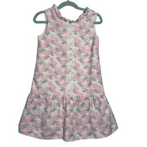 J Bailey Kids Dress Size 7 Pink Green Floral Ruffle Lace Trim Sleeveless Cotton